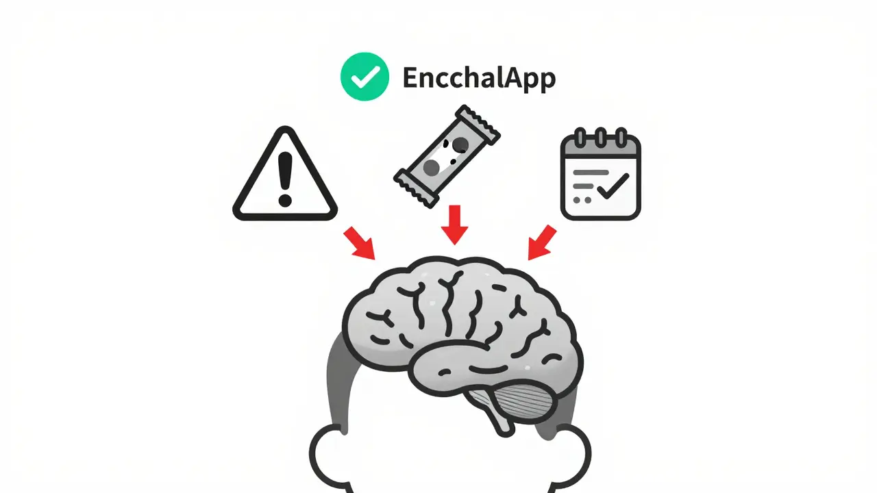 Triggers for hepatic encephalopathy and preventive measures shown as floating icons.