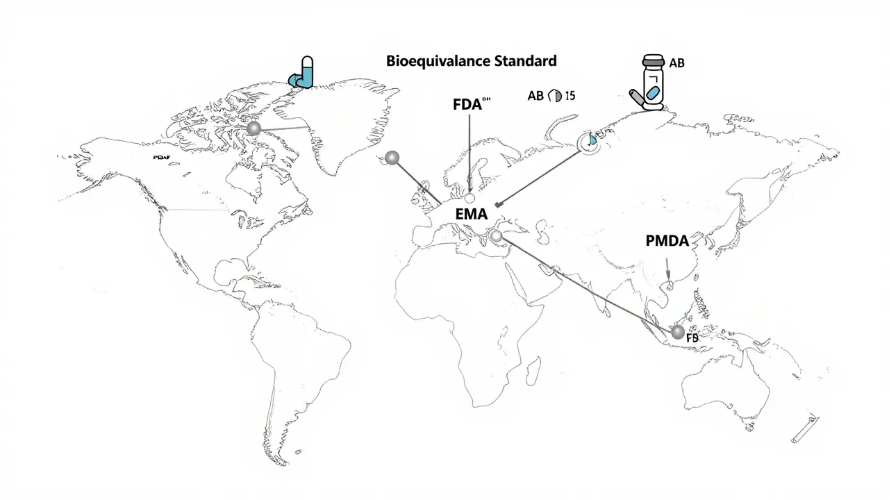 A global map with regulatory agencies connected by bioequivalence standards.