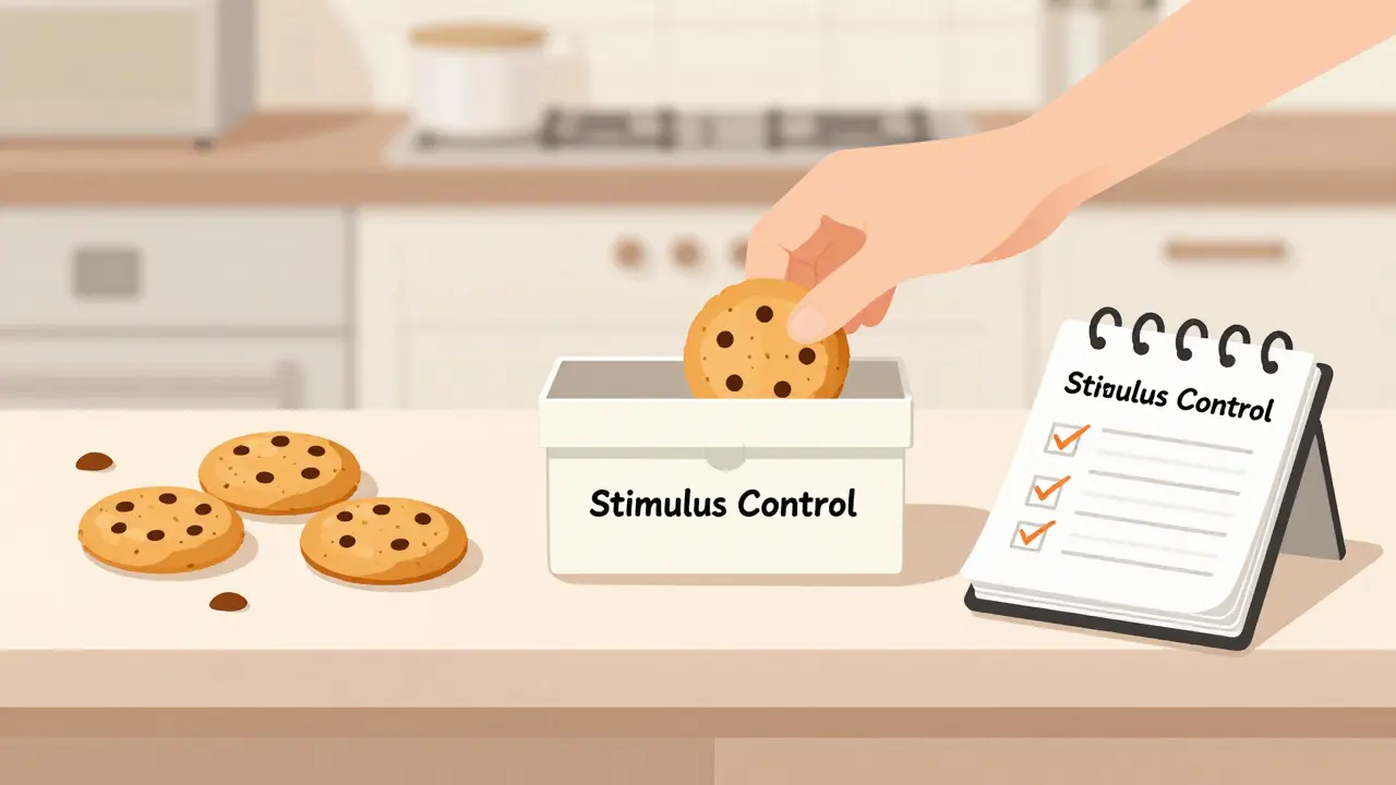 A kitchen counter with healthy snacks on one side and junk food in a locked box, beside a food and mood journal.