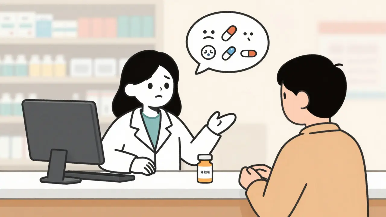 A pharmacist and patient at a counter, with a pill bottle displaying dual names and a thought bubble of different pill shapes.