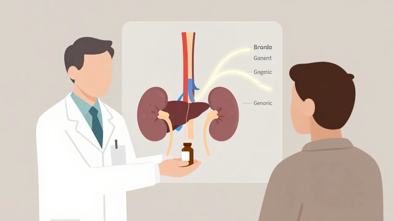 A pharmacist giving a pill bottle with a transparent path of drug absorption in the body.