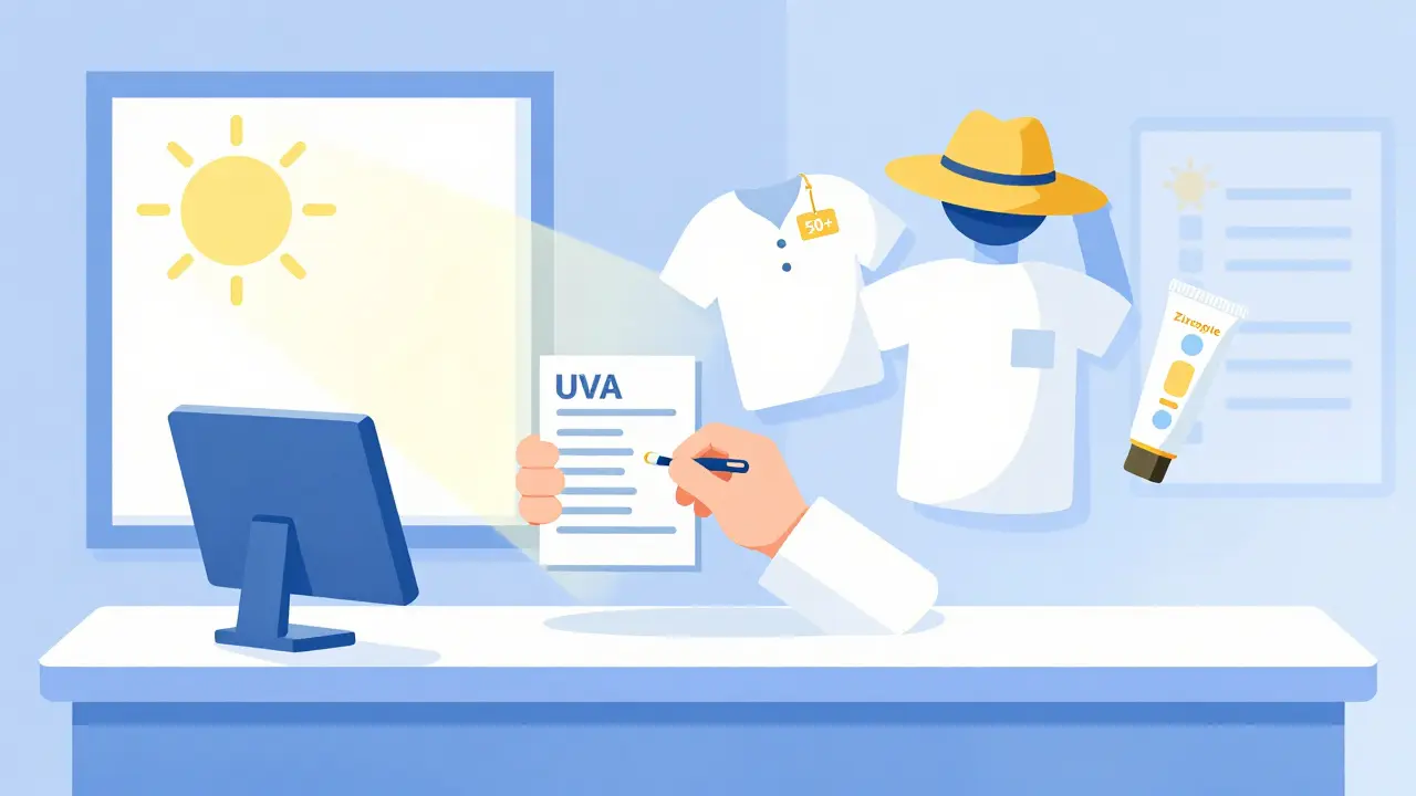 A pharmacy scene with a prescription, sunlight, and sun-safe gear floating beside it in minimalist style.