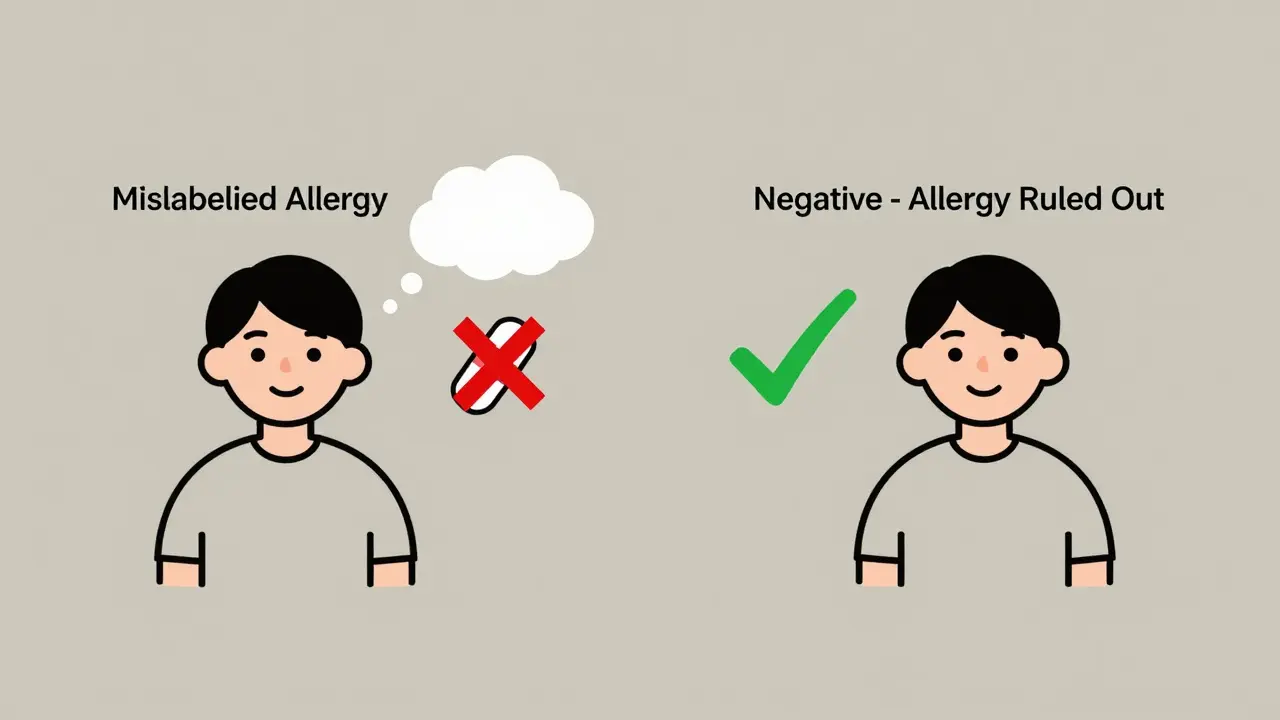 A side-by-side visual comparing a mislabeled drug allergy to a cleared diagnosis after testing.
