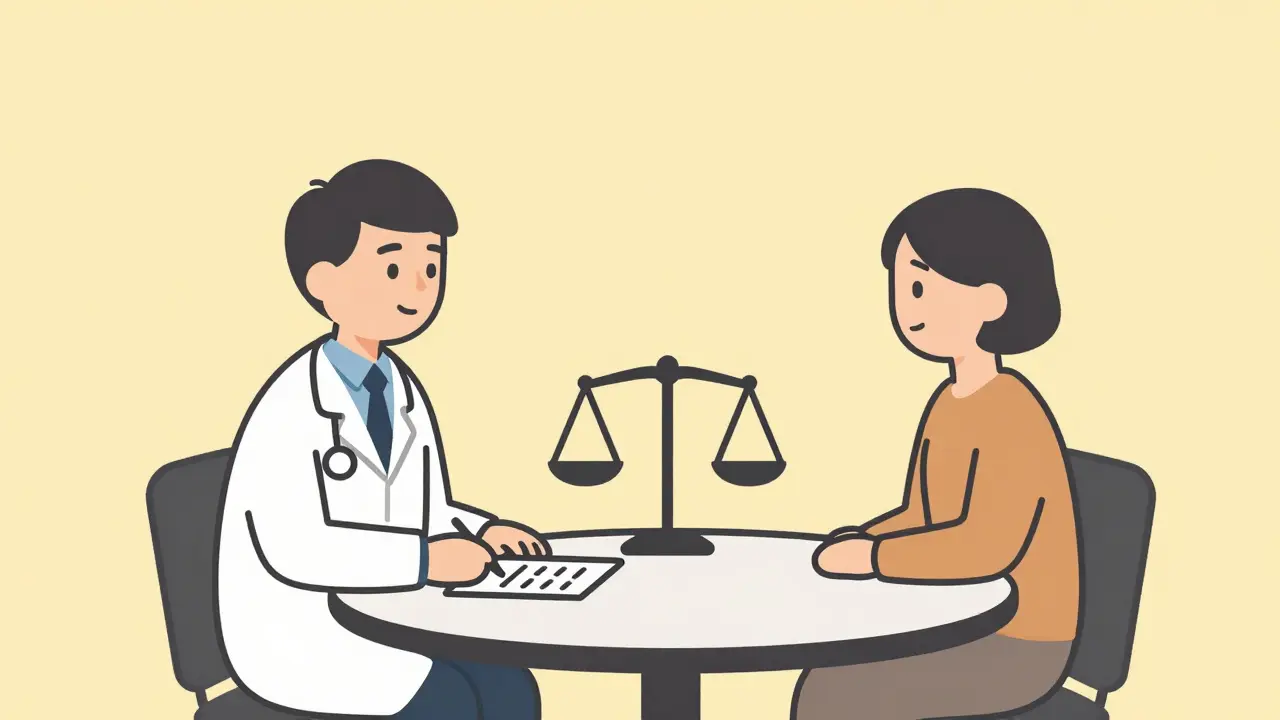 Doctor and patient sitting at a table discussing treatment options.