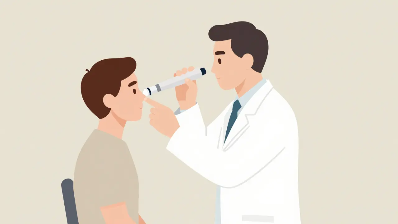 Doctor examining patient's nose during medical appointment