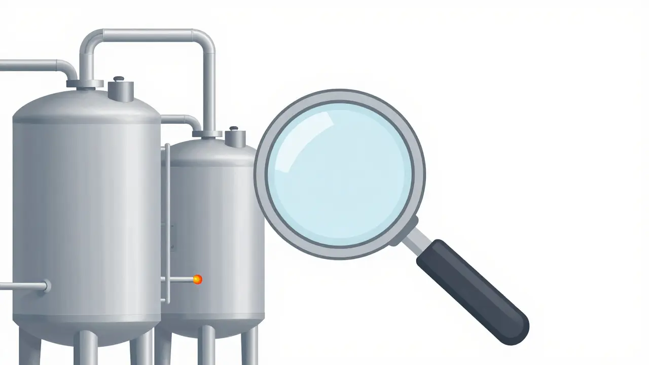 Magnifying glass inspecting silver factory pipes.