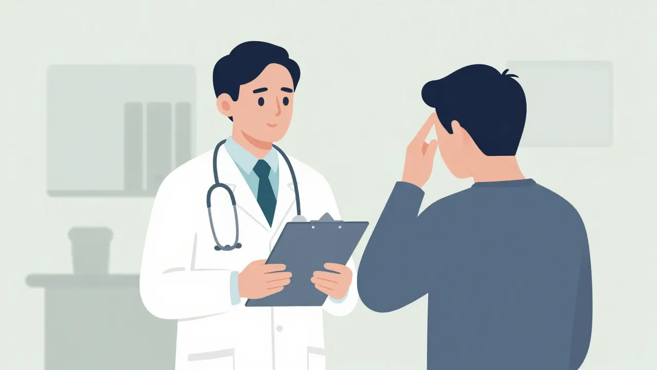 Patient consulting doctor regarding chronic sinus symptoms and referral.