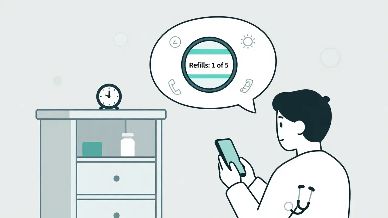 Person holding phone next to medicine cabinet, thought bubble shows magnified 'Refills: 1 of 5' label.