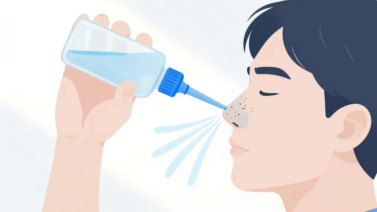 Person performing nasal saline irrigation to flush out allergens.