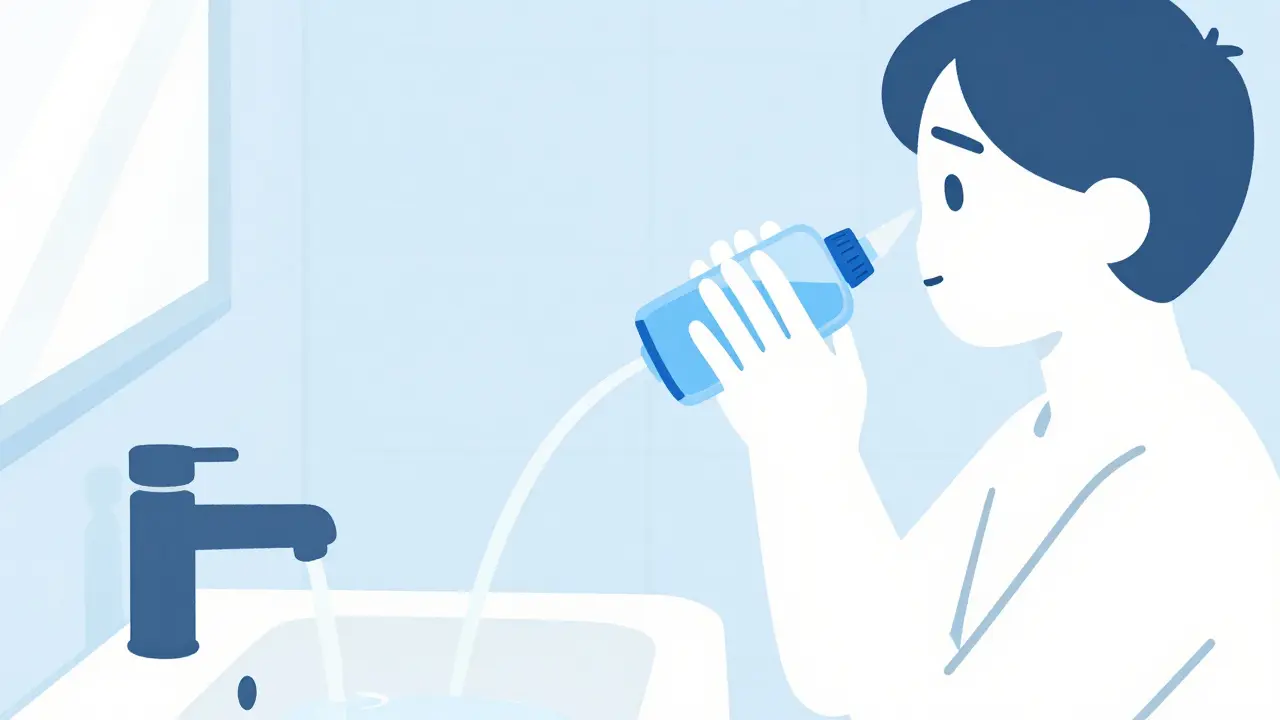 Person using saline rinse bottle at bathroom sink for clear sinuses