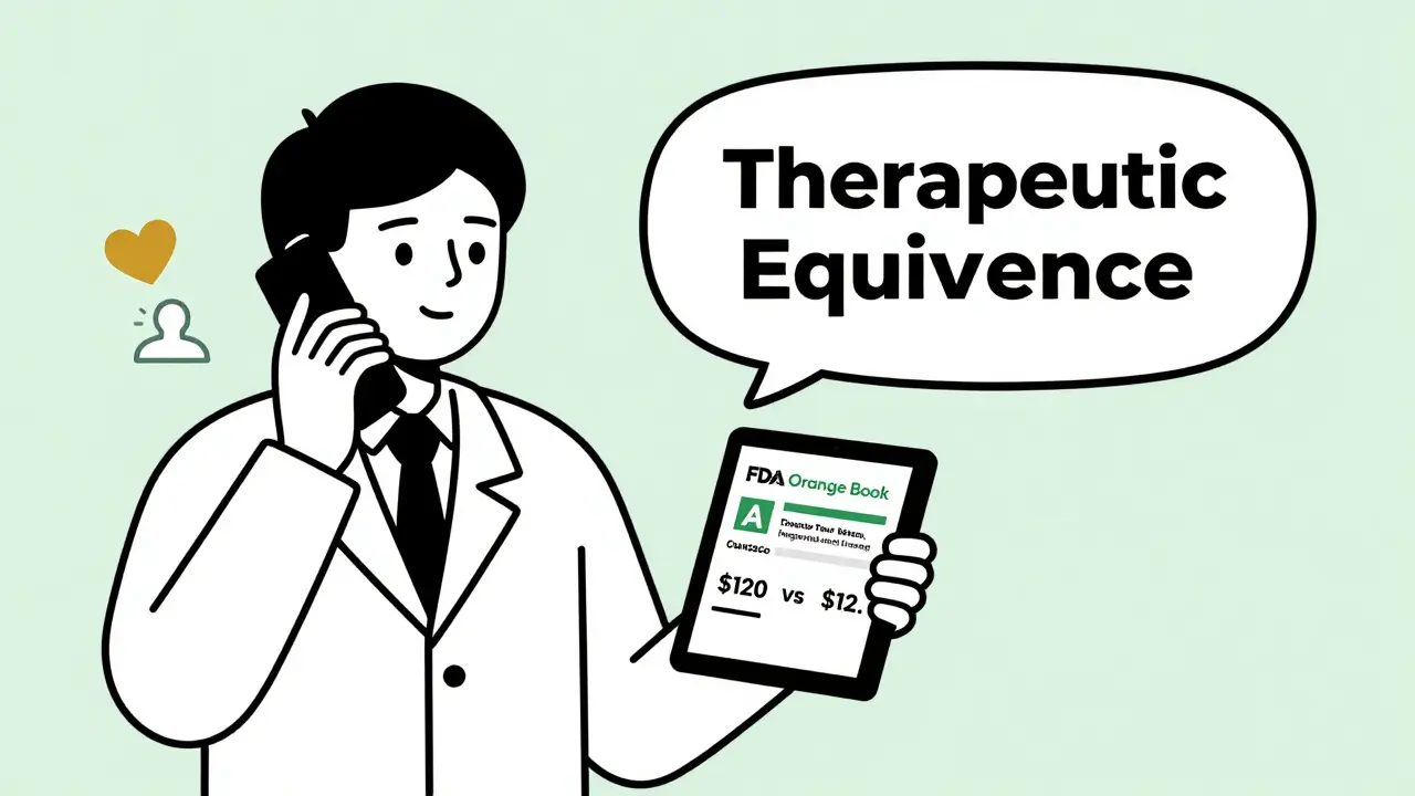 Pharmacist explaining cost and therapeutic equivalence to a prescriber via phone.