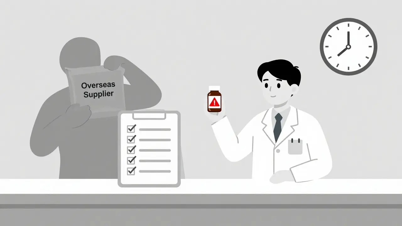 Pharmacist rejecting a suspicious drug package while compliance checklist glows nearby.