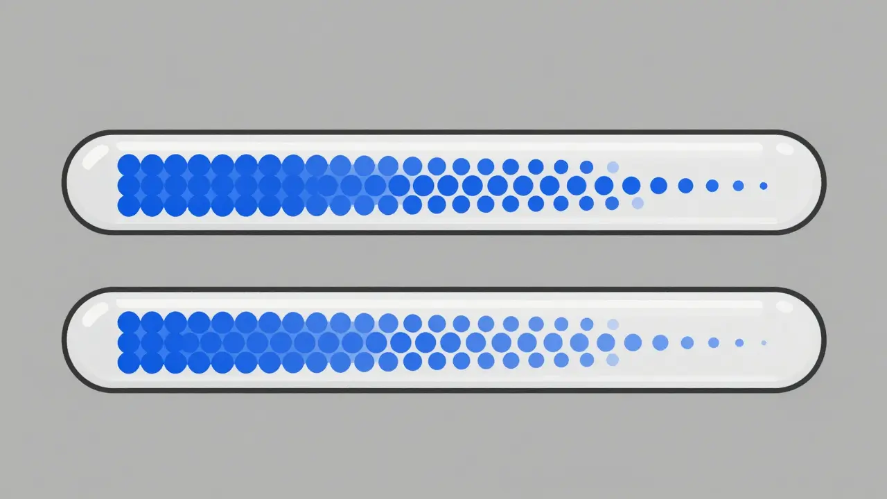 Two abstract tubes showing different flow rates of small particles.