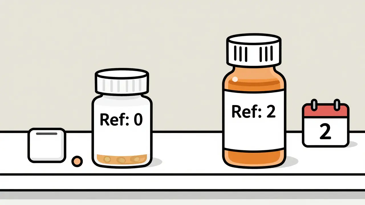 Two prescription labels side by side: one with 'Ref: 0' and few pills left, another with 'Ref: 2' and full bottle.