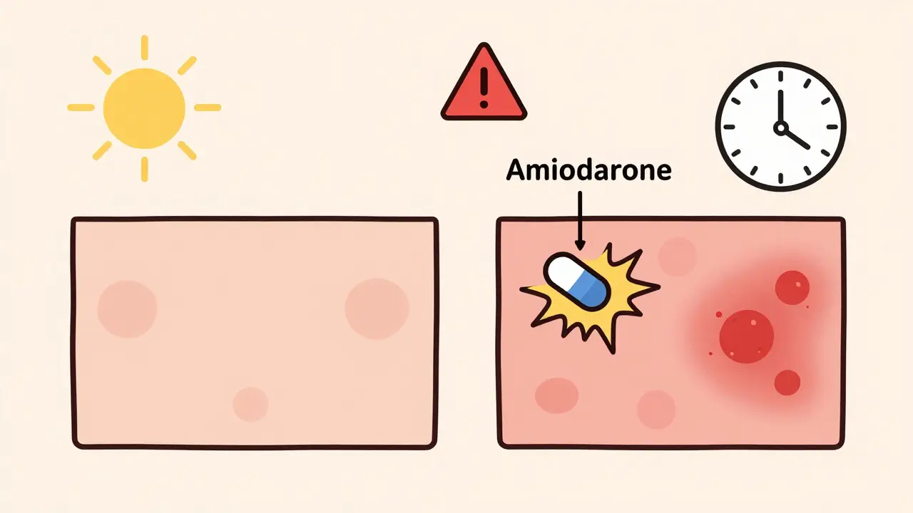 Two skin panels showing healthy skin versus damaged skin with UV rays and drug molecules causing burns.
