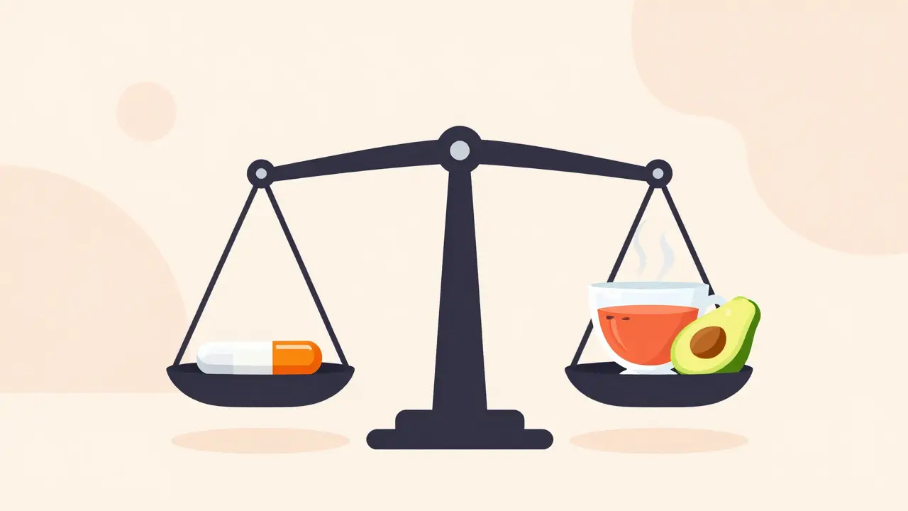 A balance scale weighing a medical pill against hibiscus tea and avocado in a minimalist style.