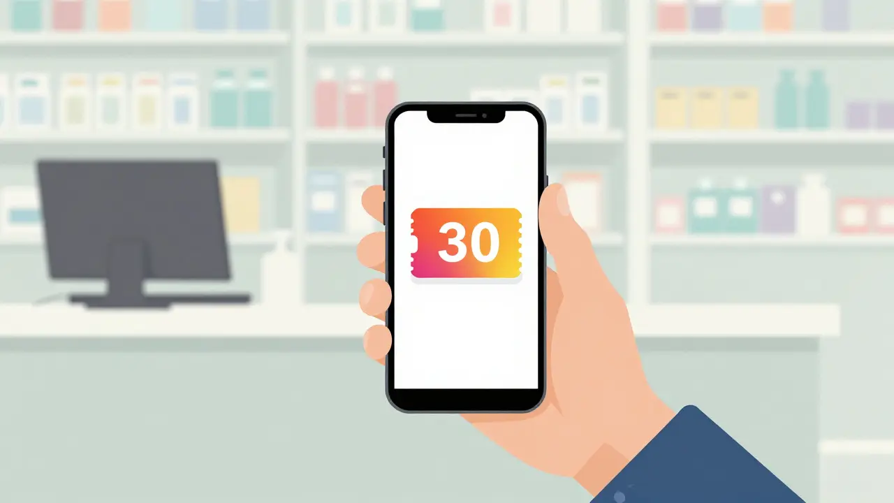 A hand holding a smartphone with a discount coupon at a pharmacy counter.