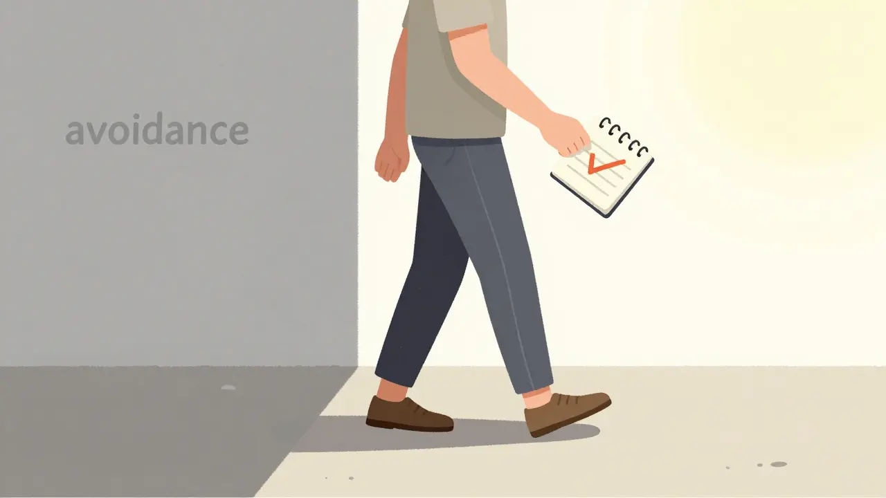 A person stepping from a grey shadow into sunlight while holding a small pain diary.