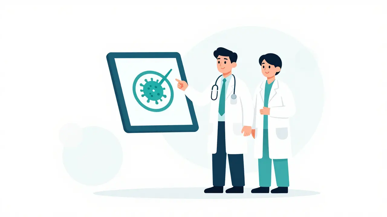Cartoon of a doctor and pharmacist using precision to select a targeted antibiotic.
