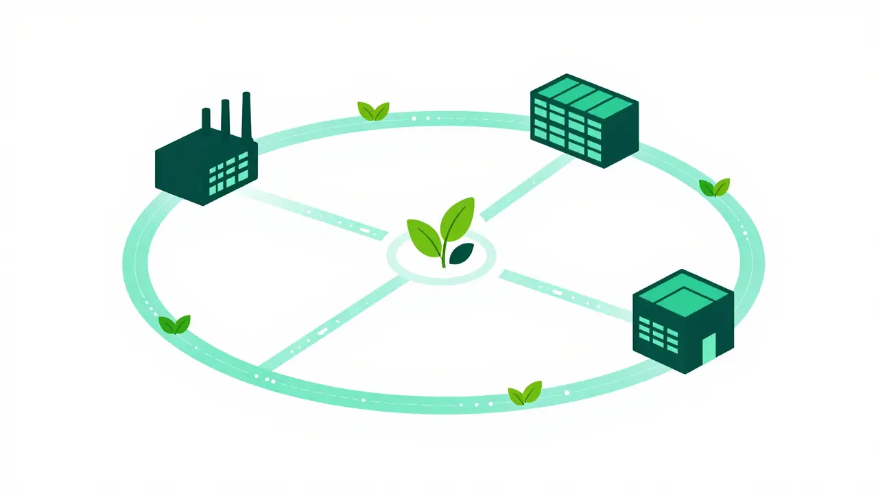 Connected supply chain network with green sustainability icons.