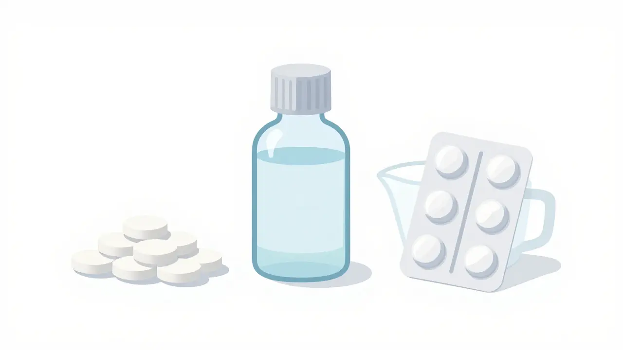 Different forms of medication including tablets, liquid solution, and suppositories.
