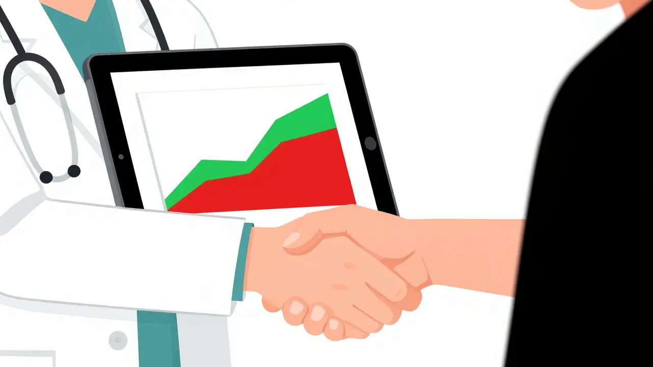 Doctor and patient agreeing on a treatment plan using a color-coded risk chart on a tablet.