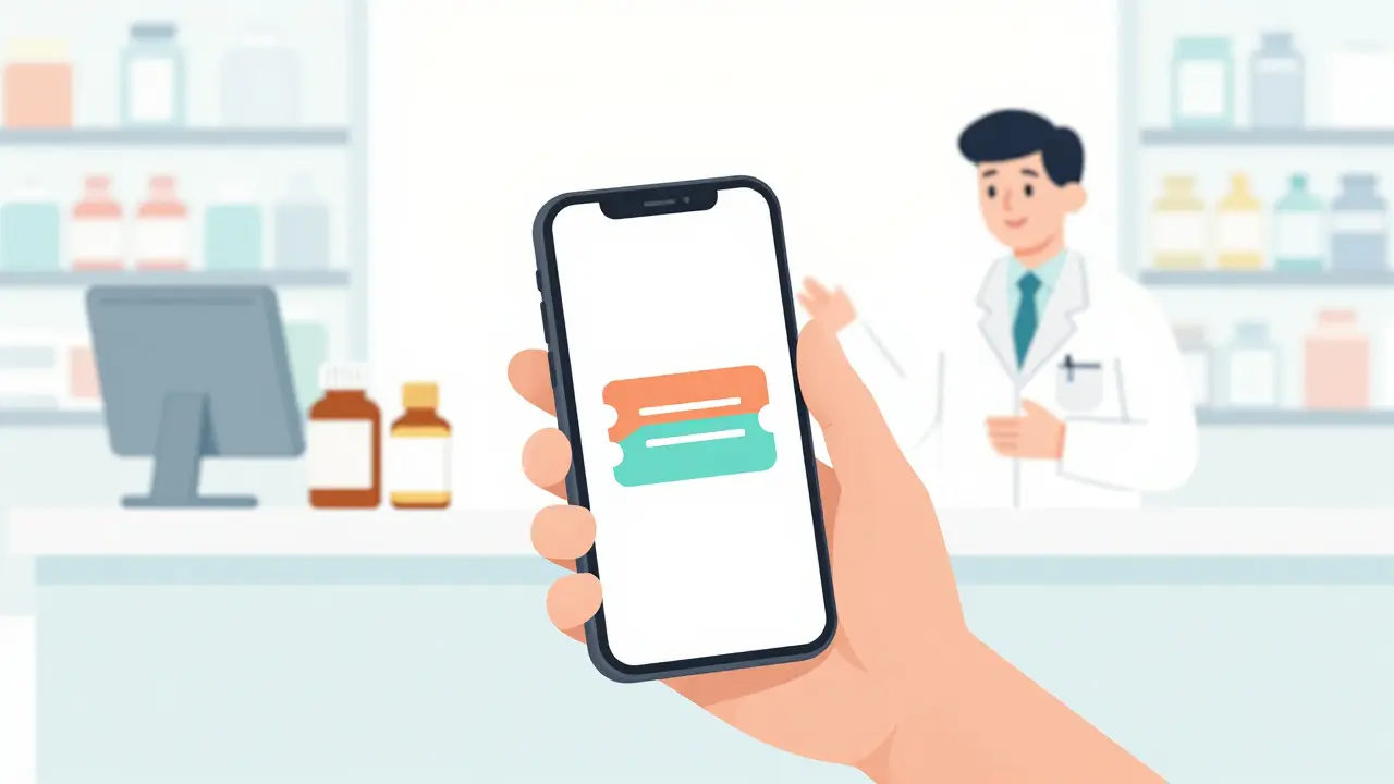 Hand holding a smartphone with a digital coupon at a pharmacy counter.