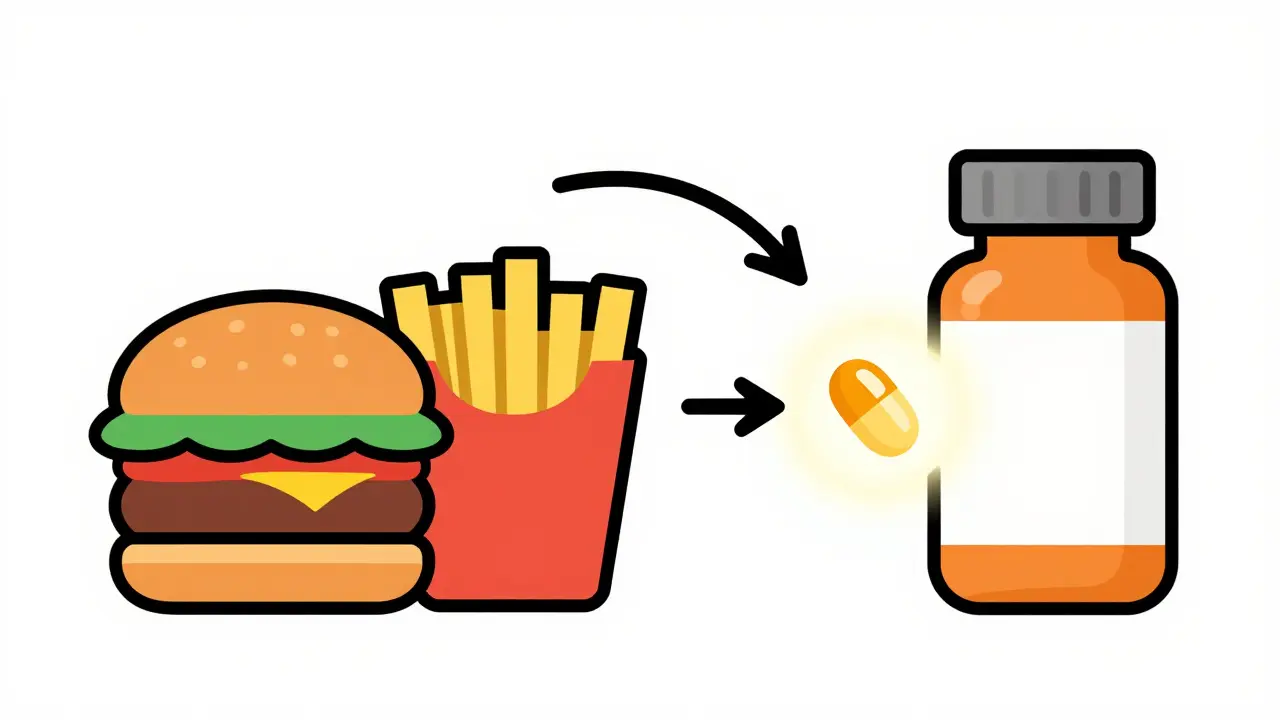 Minimalist cartoon of a high-fat meal and medicine symbolizing drug bioavailability increases.
