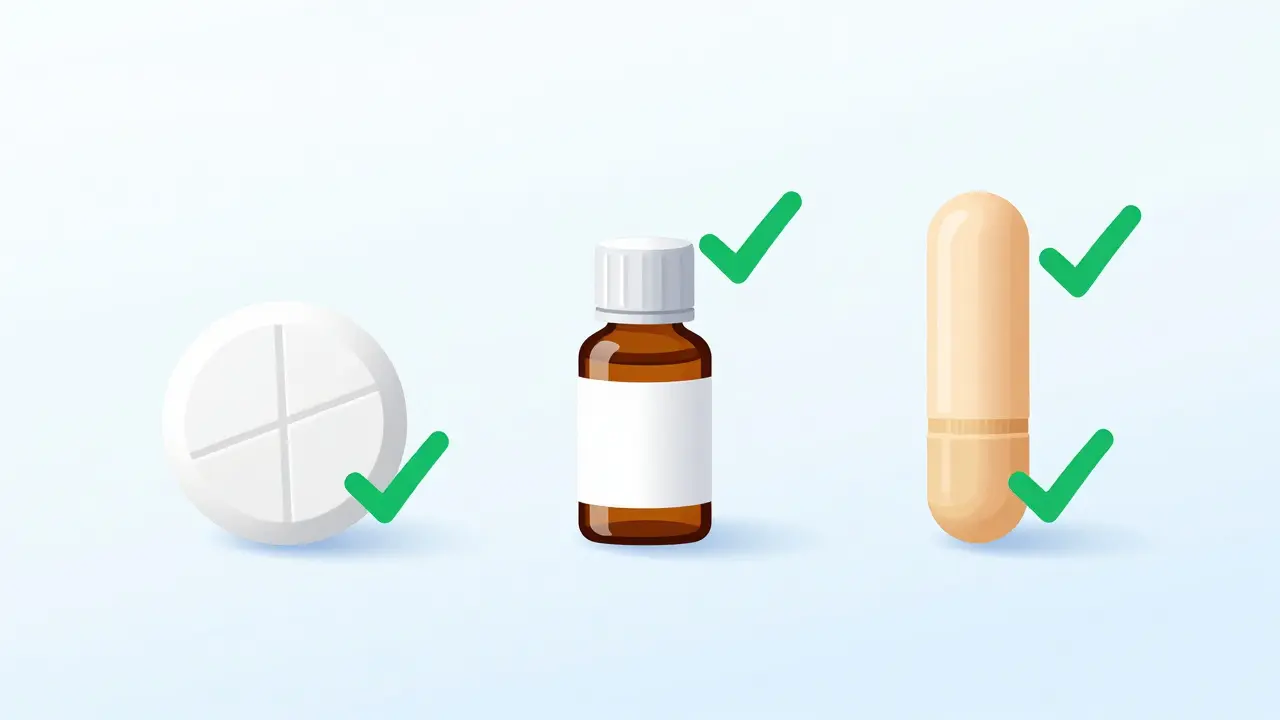 Minimalist icons of a generic tablet, liquid medicine, and suppository.