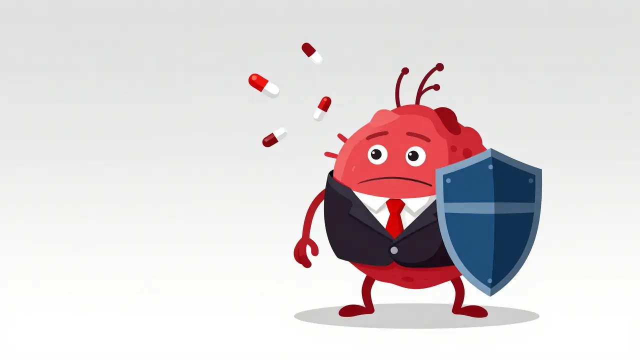 Minimalist illustration of a bacterium in armor resisting antibiotic pills.