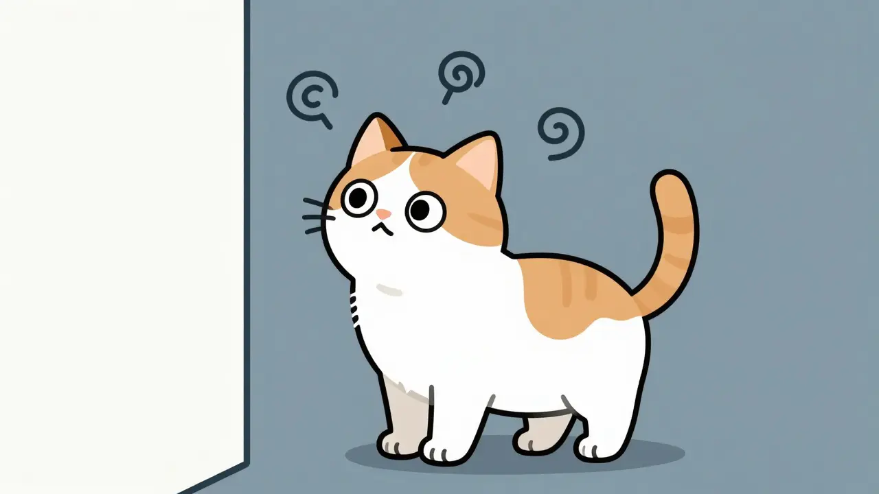 Minimalist illustration of a disoriented cat with dilated pupils