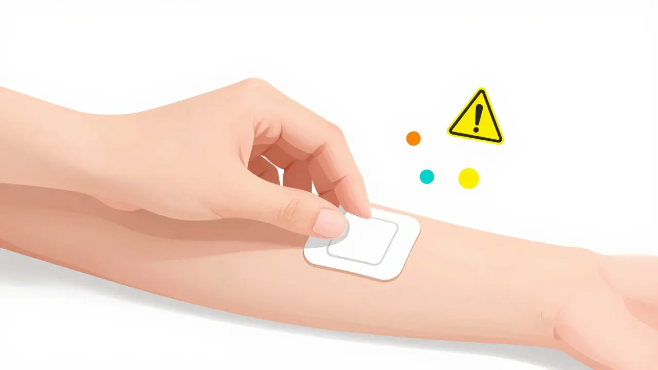 Minimalist illustration of a hand applying a medical patch with warning icons nearby.