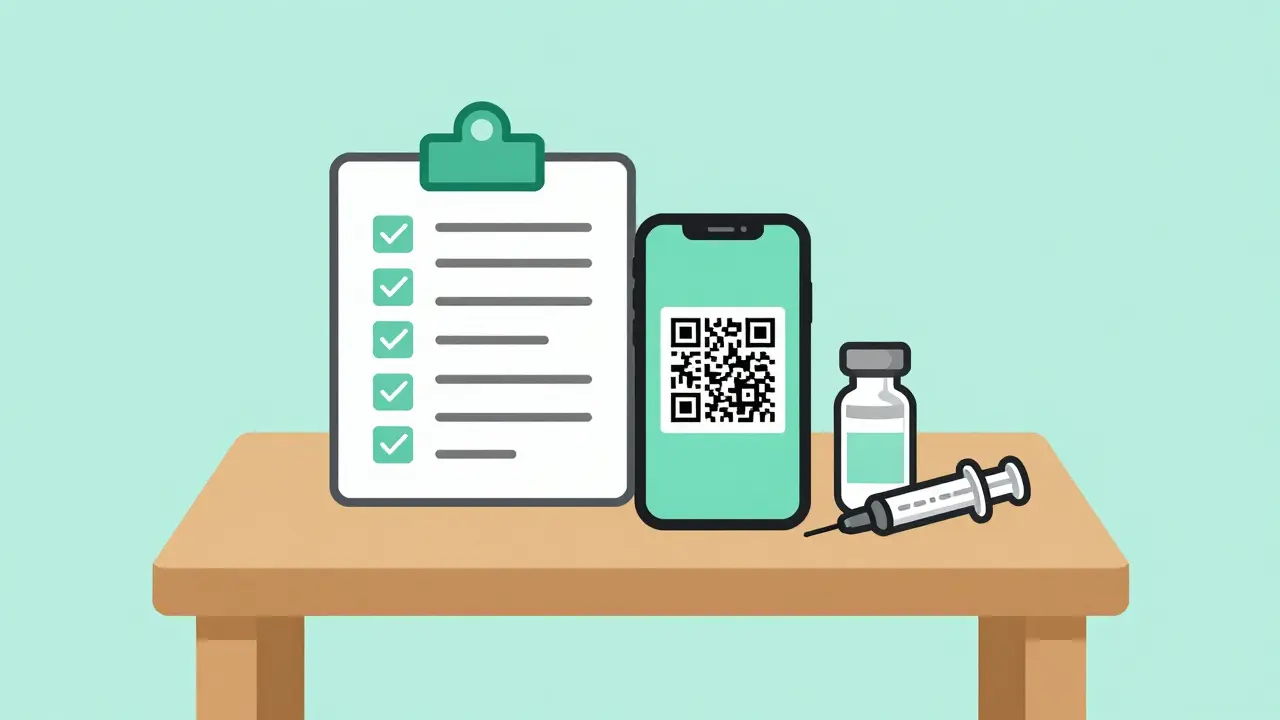 Minimalist illustration of a medication checklist, a smartphone with a QR code, and an insulin vial.