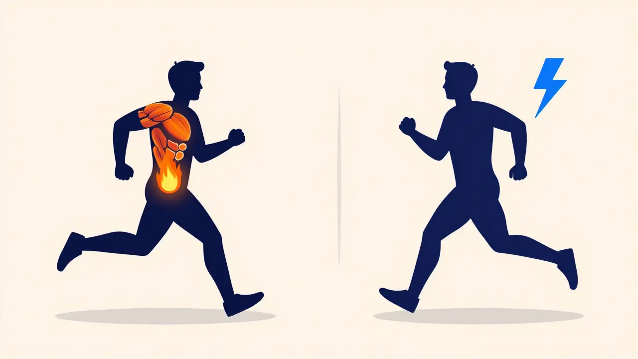 Minimalist illustration of two runners showing the difference between fat-burning and peak power states.