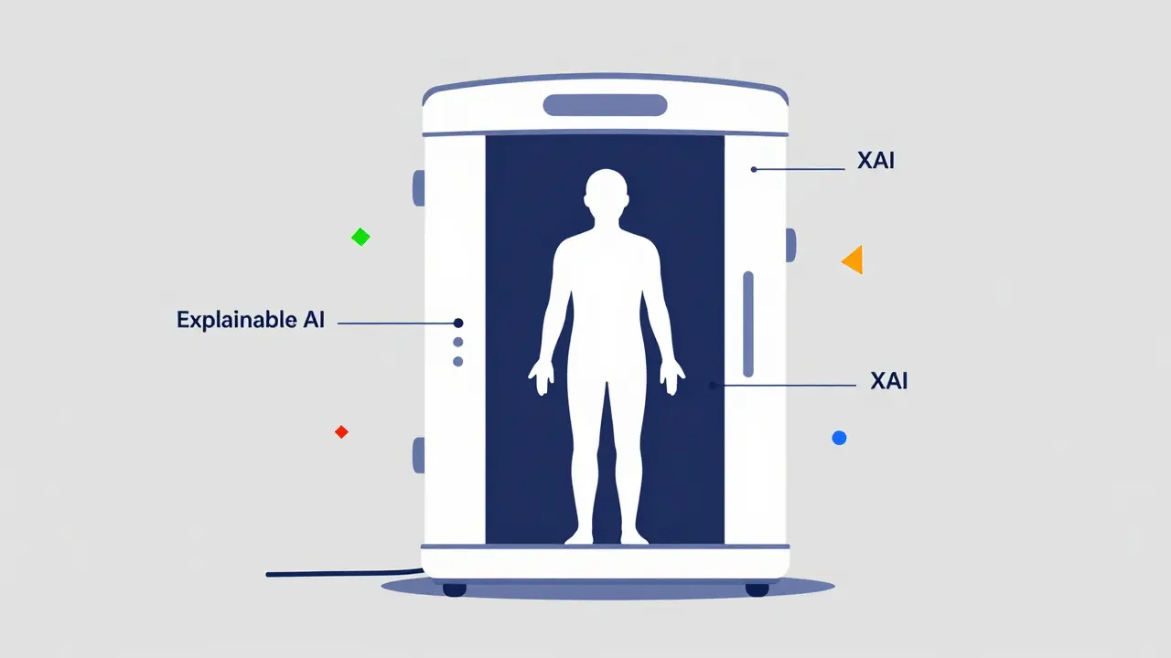 Person standing in a futuristic full-body skin scanner with AI markers.