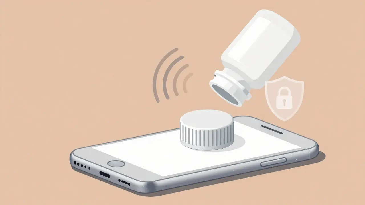 Phone tapping medicine bottle with invisible NFC security waves.