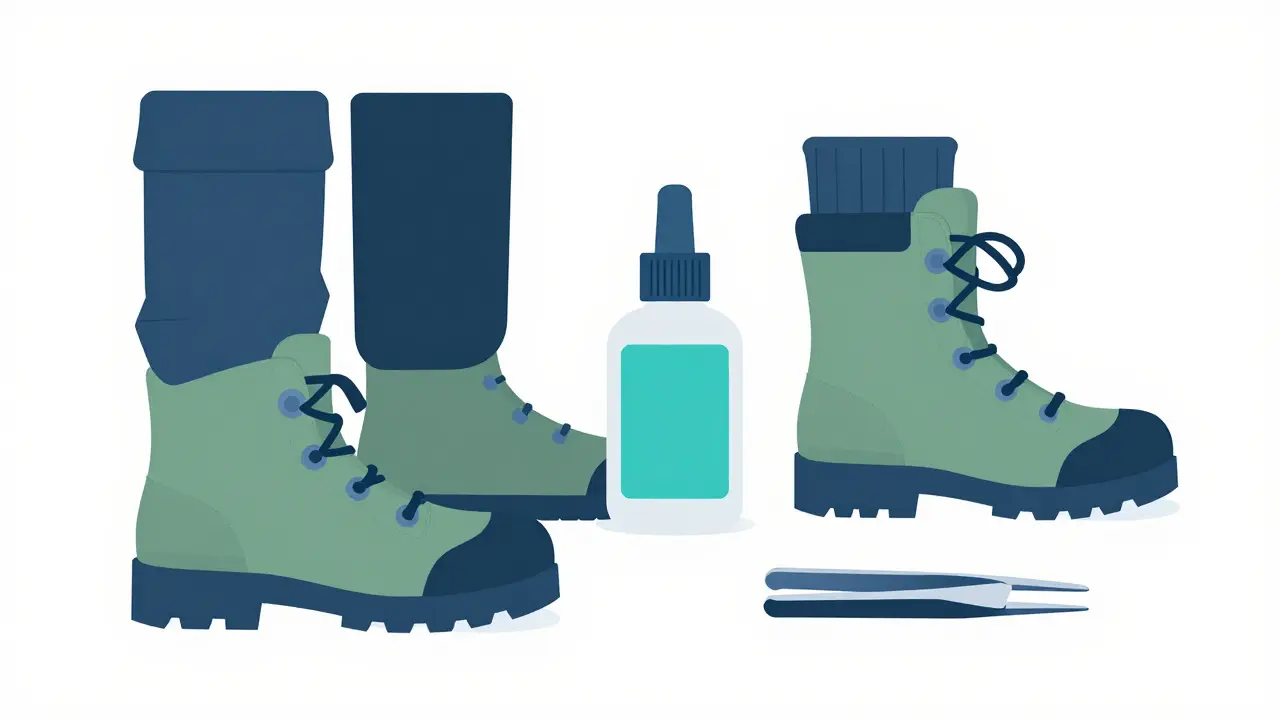 Prevention gear including boots with tucked socks and tweezers.