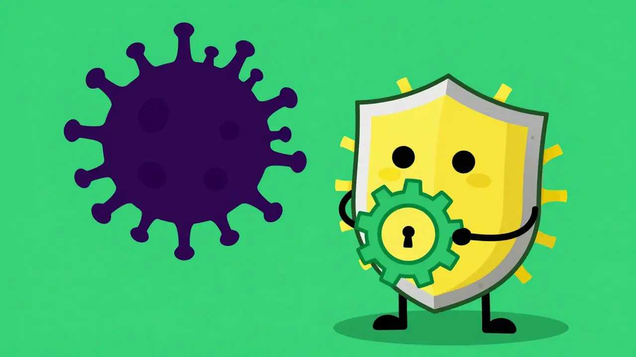 Stylized immune cell removing a brake to attack a cancer cell.