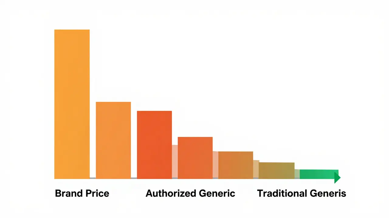 A minimalist chart showing drug prices dropping from brand to authorized generic to traditional generic.