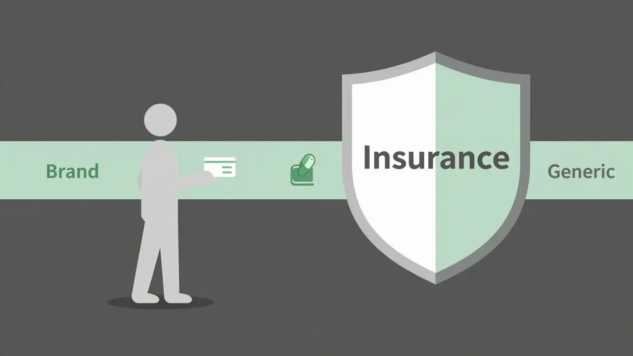 A person choosing medication options blocked by an insurance shield, showing limited patient choice.