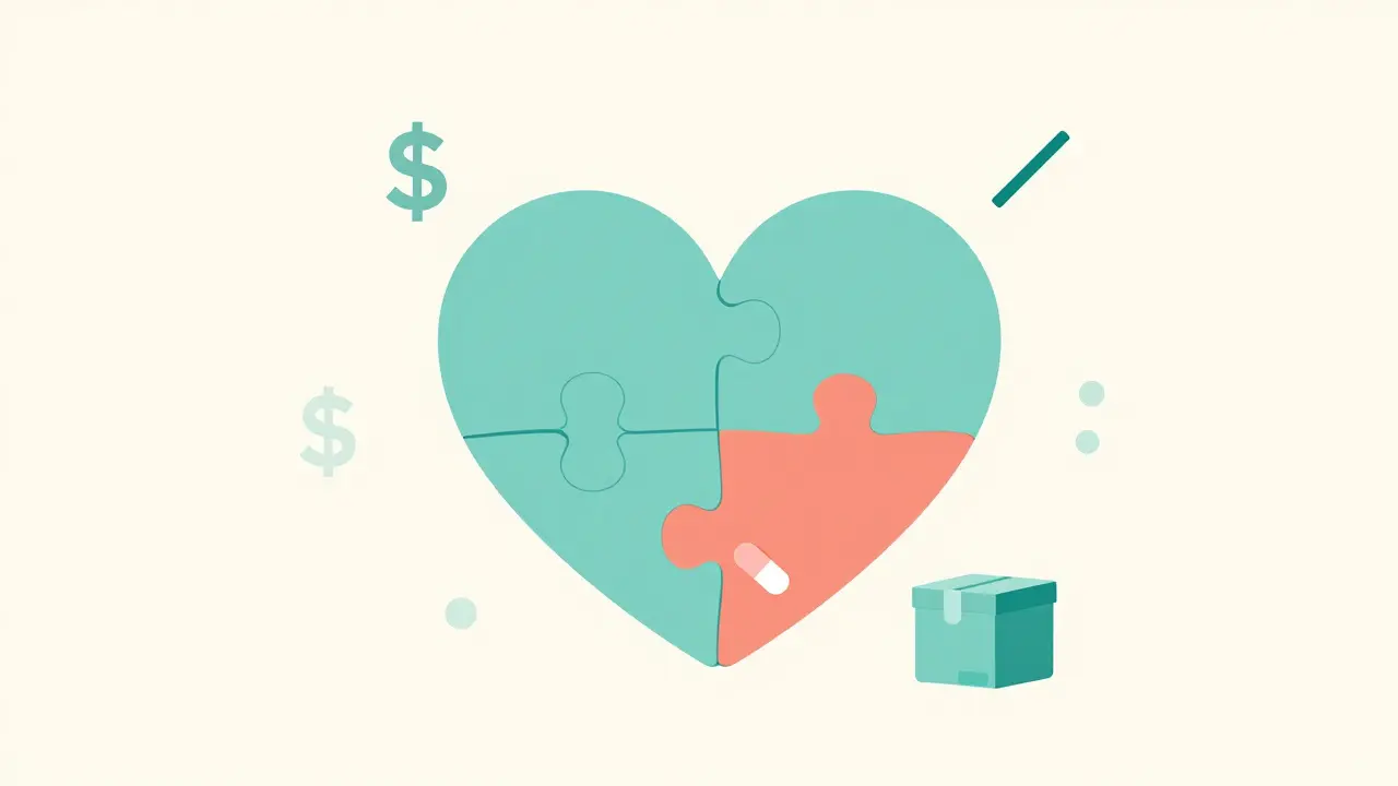 Abstract heart made of puzzle pieces with a pill icon, symbolizing affordable heart health