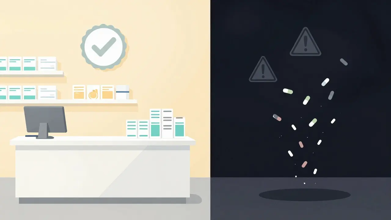 Contrast between safe pharmacy and dangerous illegal website