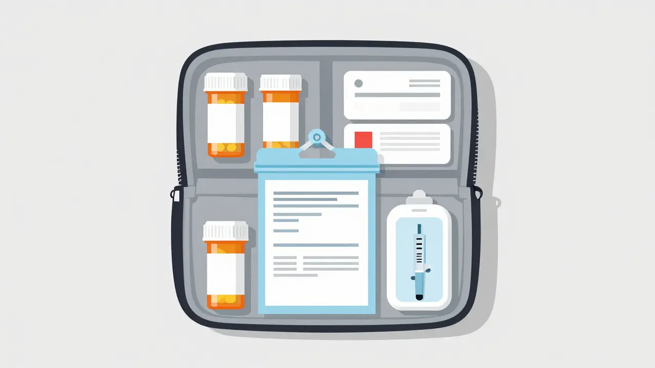 Flat lay of an organized medical go-bag with pills and documents