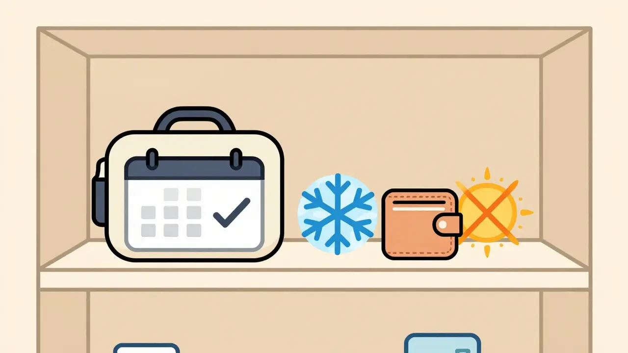 Go-bag stored safely on a shelf with temperature control icons