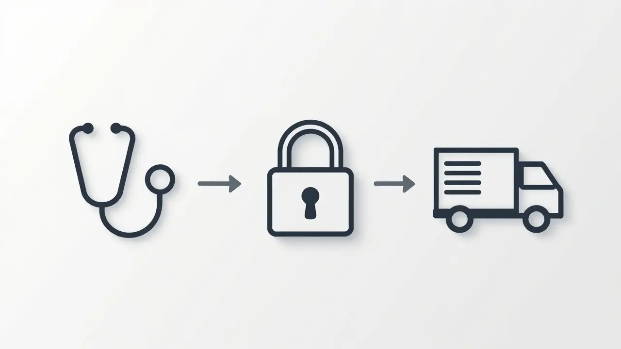 Icons showing prescription, security, and delivery steps