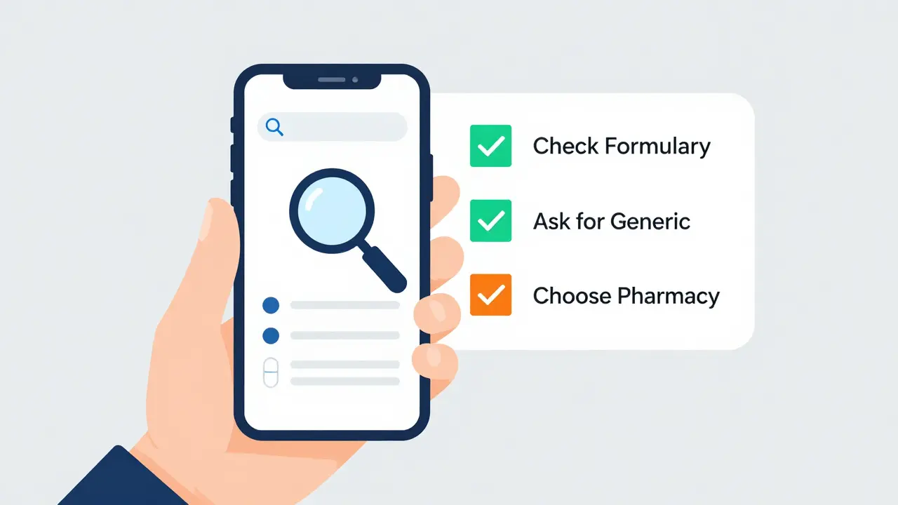 Illustration of checking drug formulary on phone with step-by-step checklist