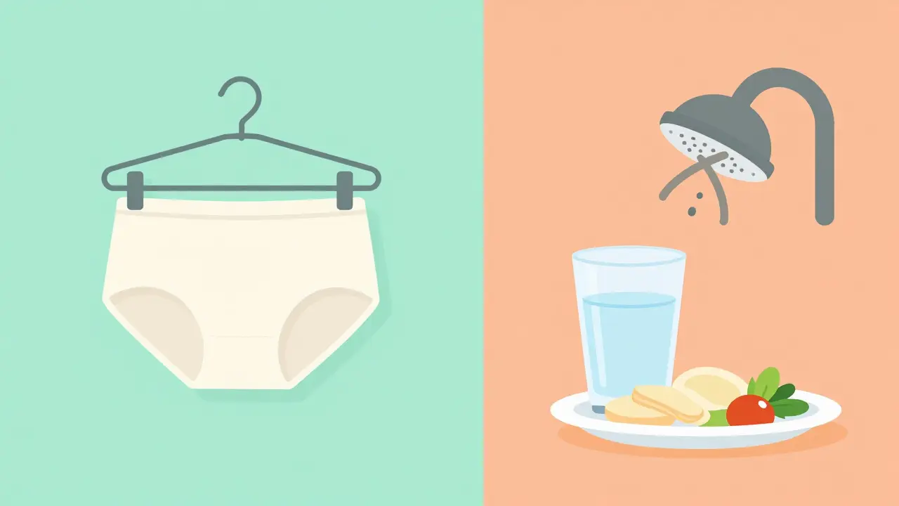 Illustration of healthy habits like breathable clothing and diet for prevention.