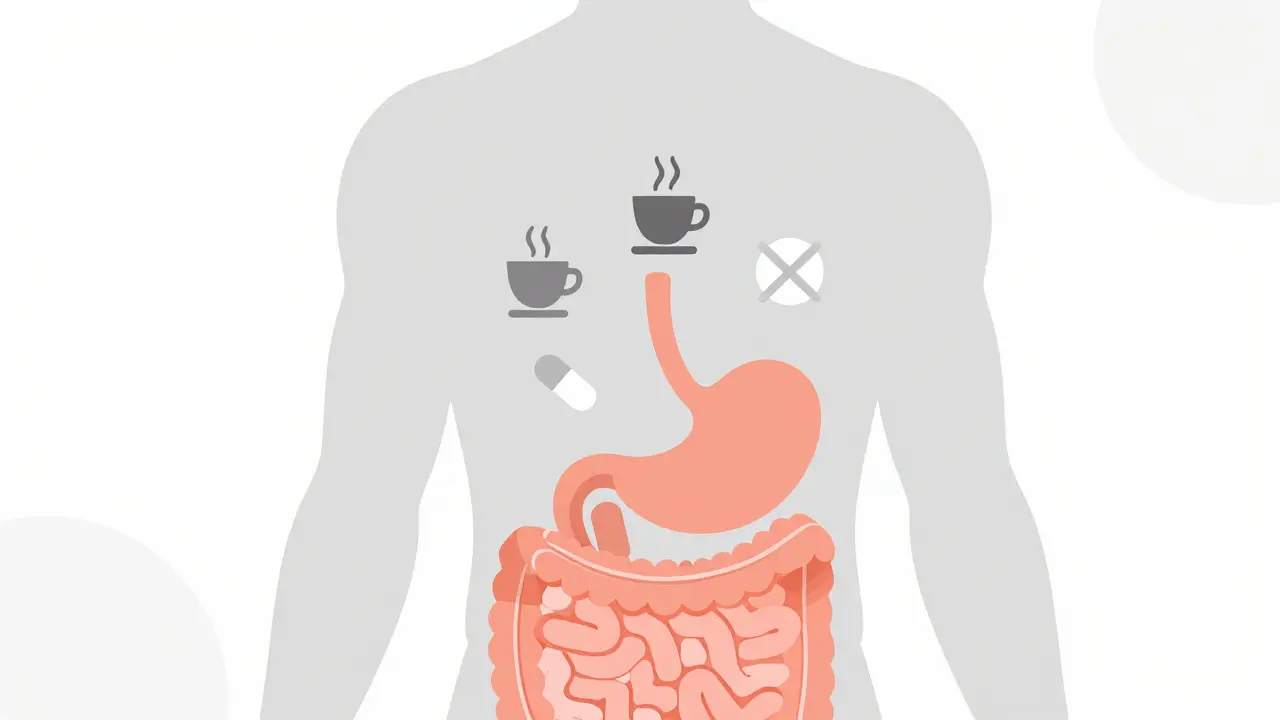Illustration showing how coffee and supplements block pill absorption.