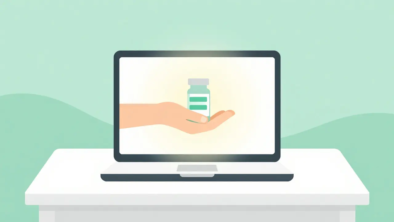 Laptop screen showing a hand offering a pill bottle representing telehealth