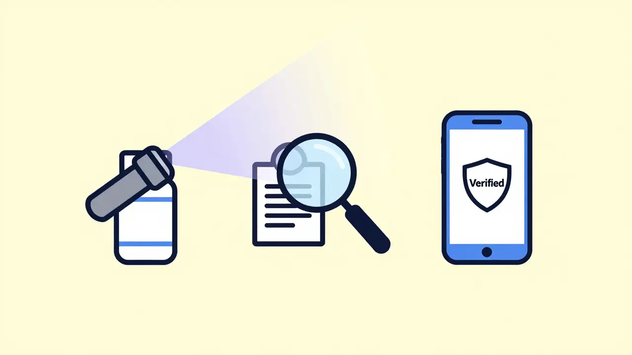 Minimalist icons of UV light, magnifier, and phone verifying medicine